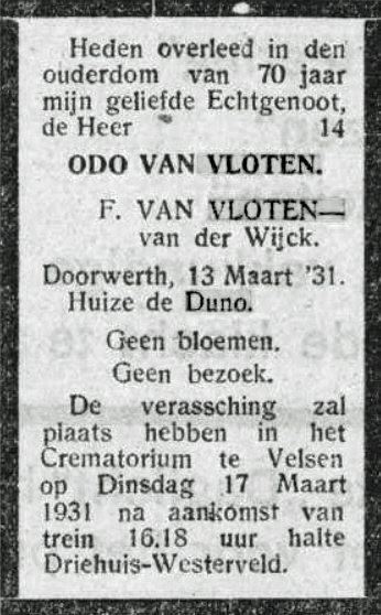 Van Vloten overlijdensadvertentie 1931, Doorwerth